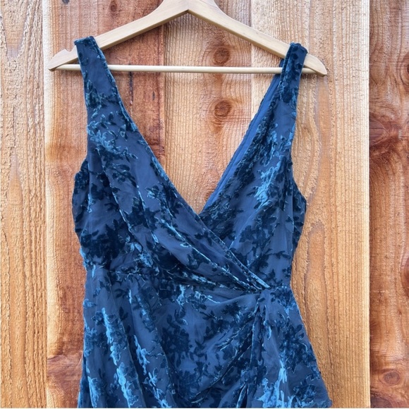 Teal Blue Floral Velvet Chiffon Ruffled Low-Back Maxi Dress 🌿 - Picture 4 of 8